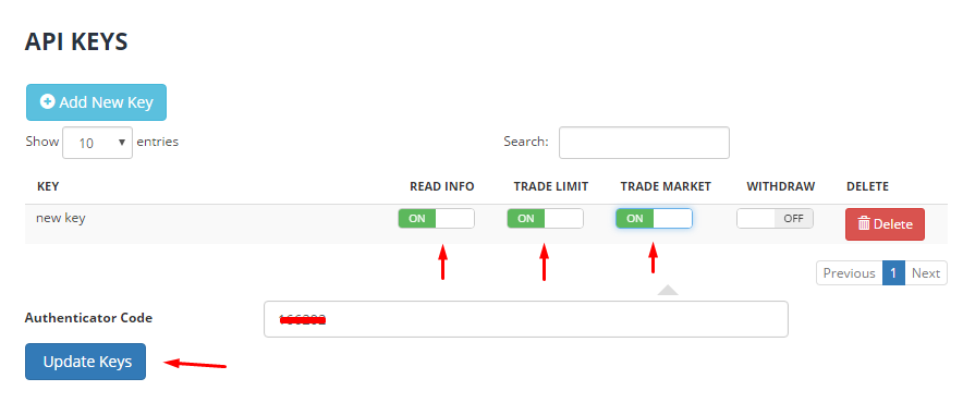 API Keys dashboard with Add New Key button, Search bar, and various settings controls for read info, trade limit, trade market, withdraw, and deleting API keys.