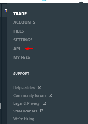 HaasOnline cryptocurrency trading platform settings menu with Trade, Accounts, Fills, and API options.