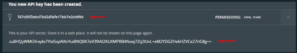 New API key created on HaasOnline platform displaying API secret and permissions.