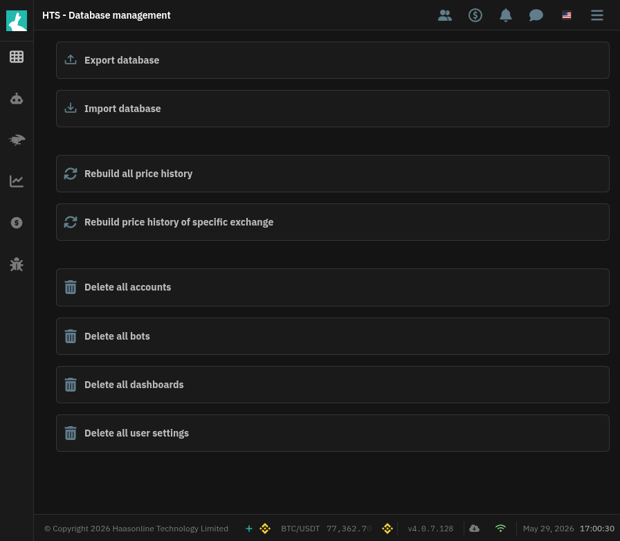 Cryptocurrency trading platform HaasOnline's database management page