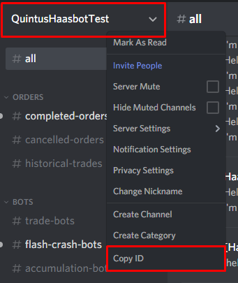 Discord server settings with Copy ID option highlighted in the Quintus Haasbot Test server menu