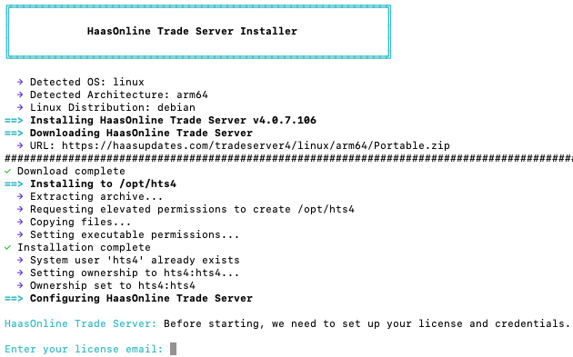 HaasOnline Trade Server Installer displaying setup instructions for Linux debian distribution, including downloading server package and configuring permissions.