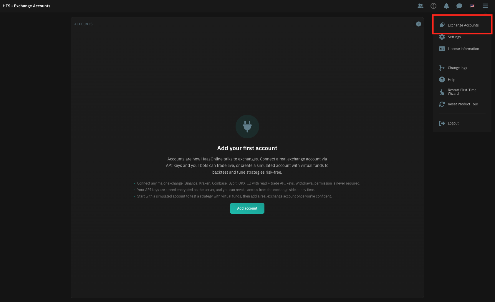HaasOnline TradeServer Exchange Accounts page with the user menu open and Exchange Accounts highlighted.