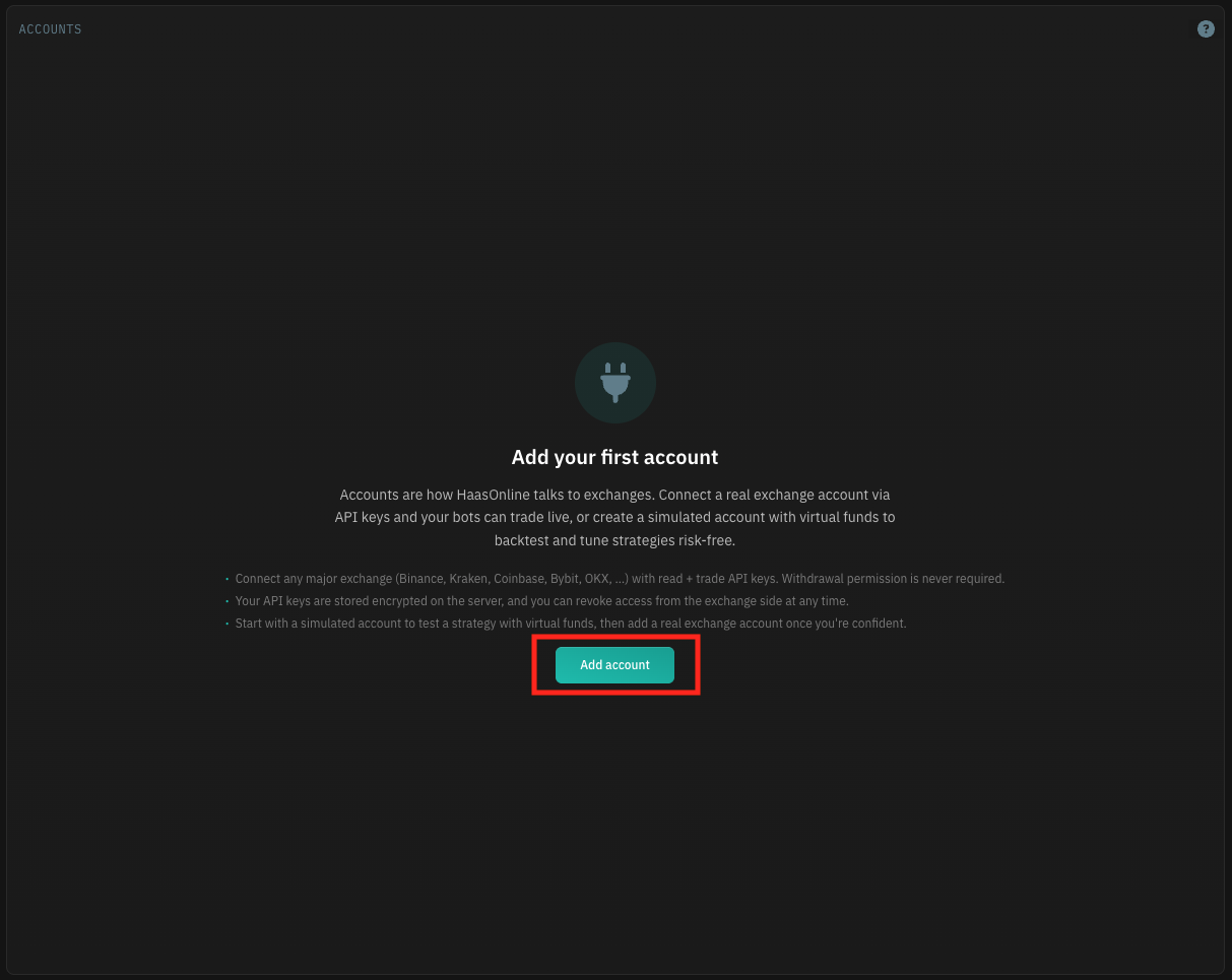 HaasOnline TradeServer Exchange Accounts empty state with the Add account button highlighted.