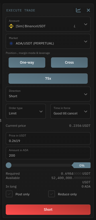 HaasOnline cryptocurrency trading platform displaying the "Execute Trade" widget.