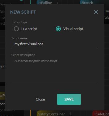 HaasOnline trading platform's "NEW SCRIPT" dialog with Visual script and script name "my first visual bot" options.
