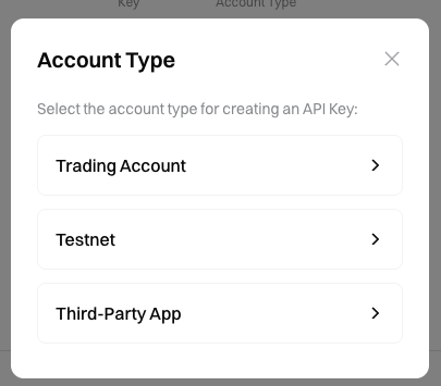 Gate.io Account Type dialog with Trading Account, Testnet and Third-Party App.