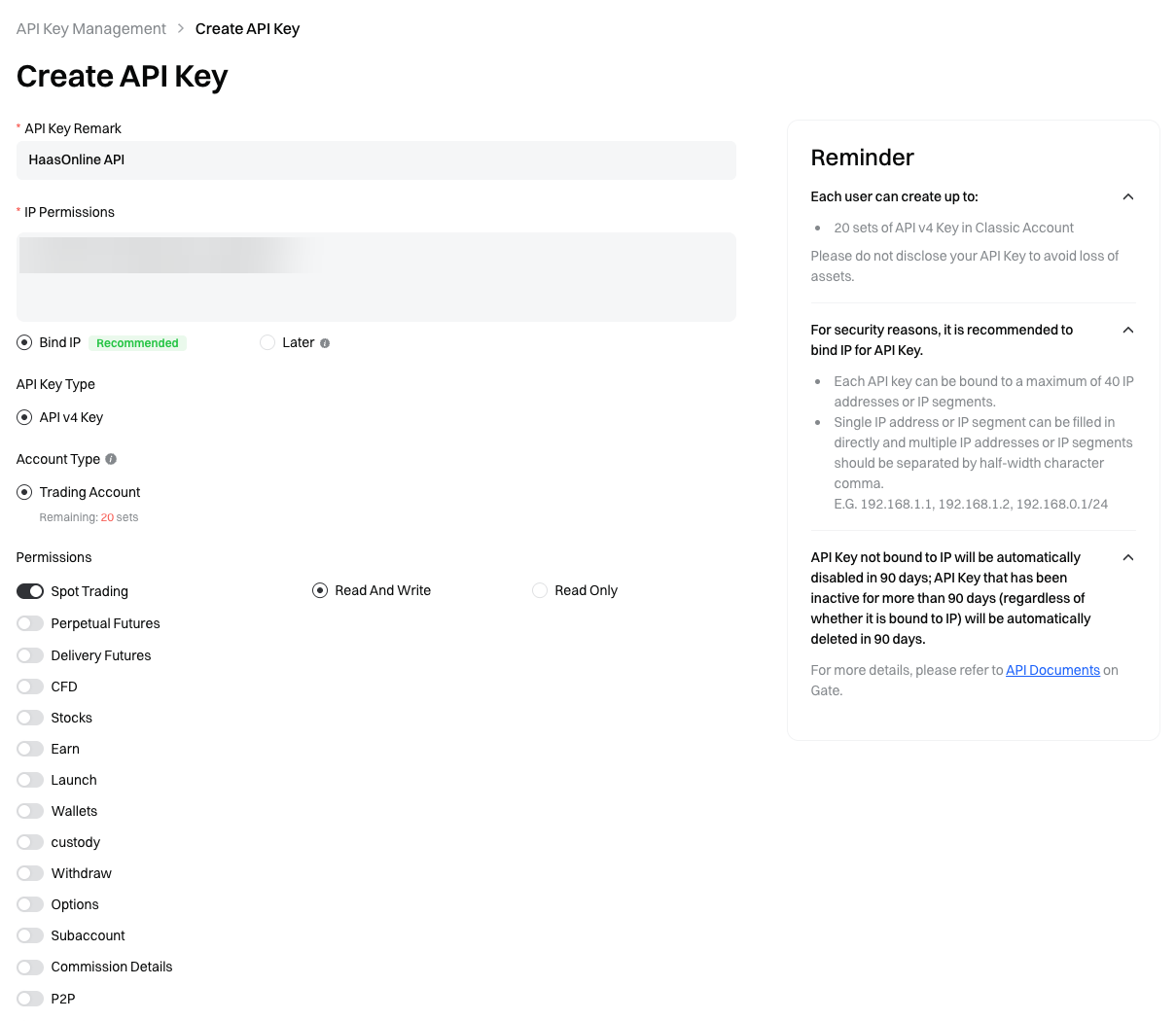 Gate.io Create API Key form with Bind IP selected, API v4 Key, Trading Account, and Spot Trading set to Read And Write.