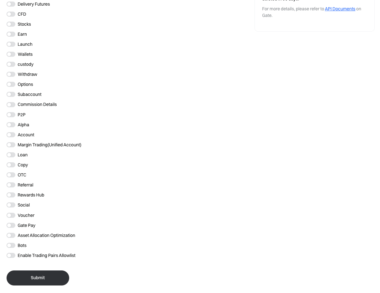 The rest of the Gate.io permissions, all switched off, and the Submit button.