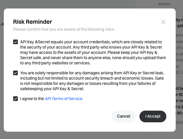 Gate.io Risk Reminder with three confirmation boxes and the I Accept button.