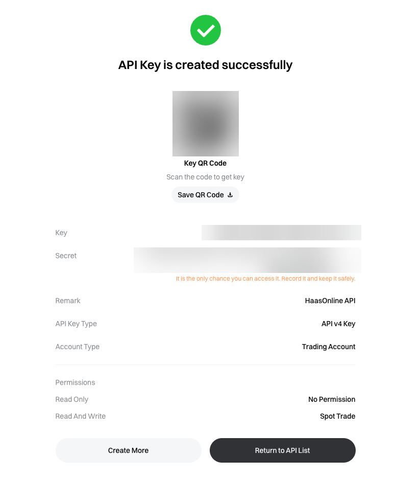 Gate.io API Key is created successfully screen with the Key, Secret, and Spot Trade under Read And Write.