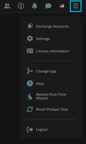 HaasOnline Trading Platform showing the hamburger menu on the top-right.