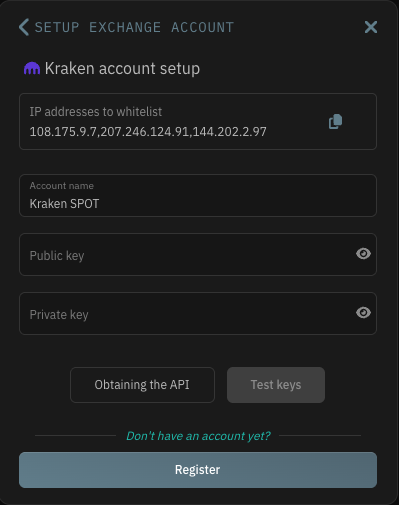 HaasOnline TradeServer Cloud Kraken account setup panel showing IP addresses to whitelist, Account name, Public key, and Private key fields, with Obtaining the API and Test keys buttons.