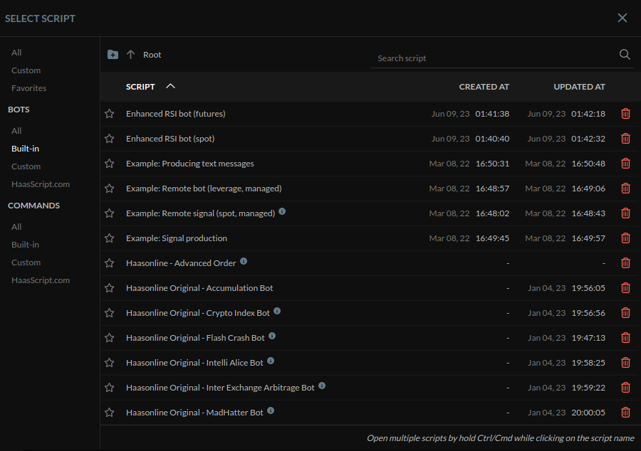 HaasOnline trading platform script management interface with various script names and details.