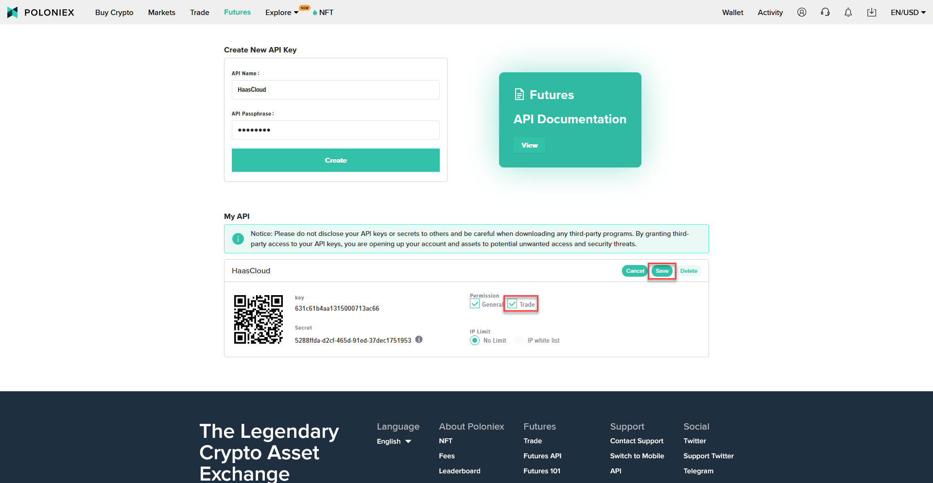 Poloniex cryptocurrency exchange platform's "Create New API Key" form with HaasCloud API name and permissions settings.
