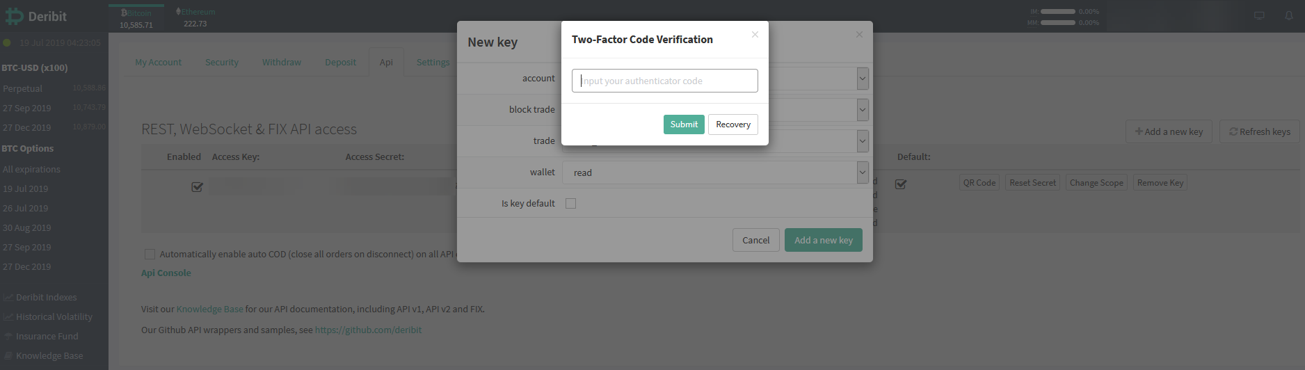 Two-factor authentication dialog for Deribit cryptocurrency exchange account access and trade permissions.