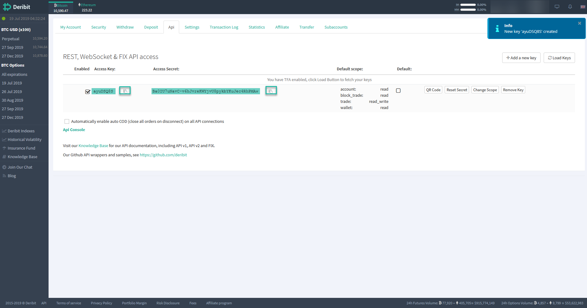Deribit cryptocurrency exchange platform API access settings with REST, WebSocket, and FIX API keys and access secrets.
