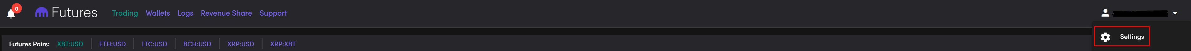 Cryptocurrency trading platform Futures interface with Settings button, Trading, Wallets, Logs, Revenue Share, and Support options.