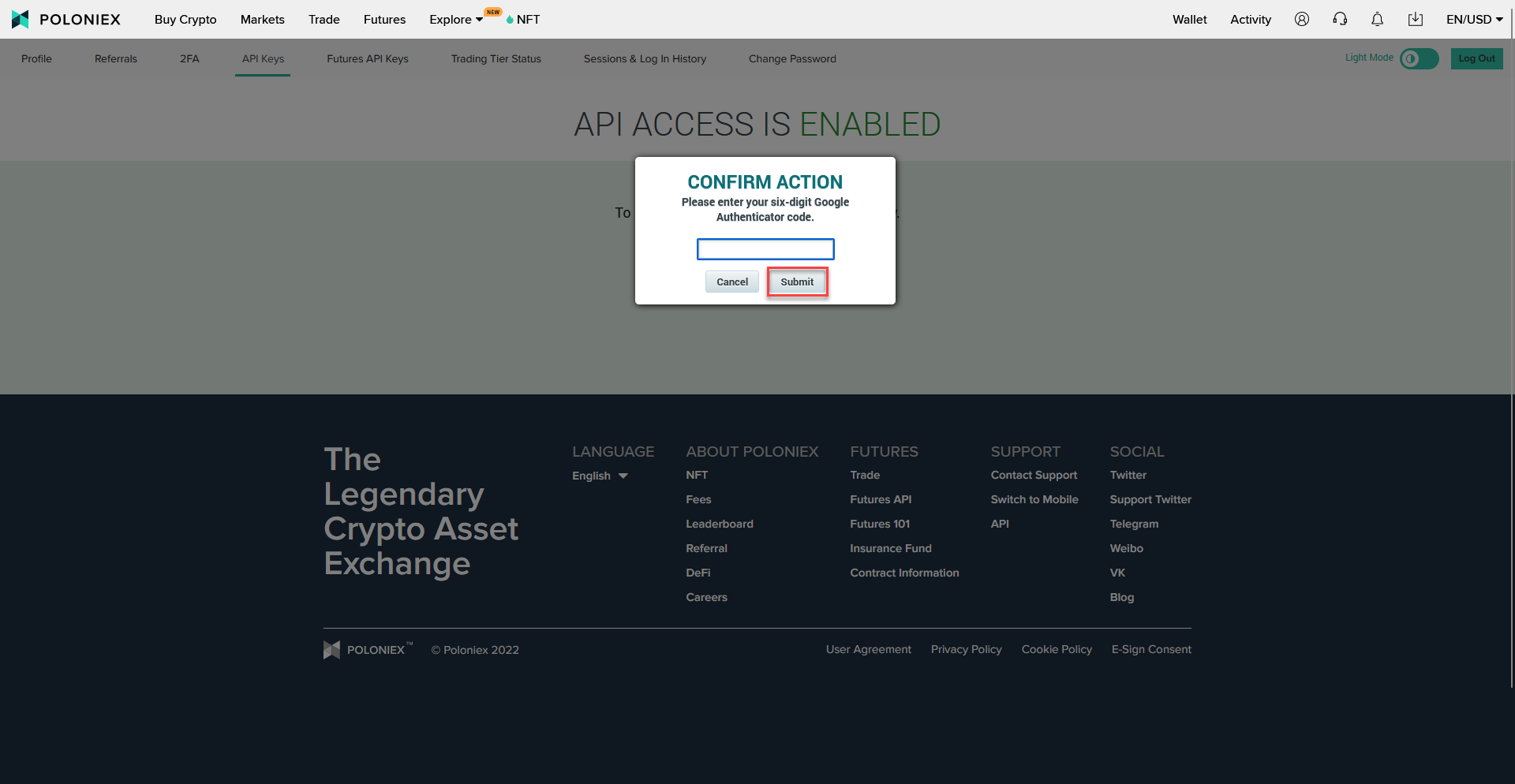 Poloniex crypto exchange website with API access confirmation dialog and site navigation menu.