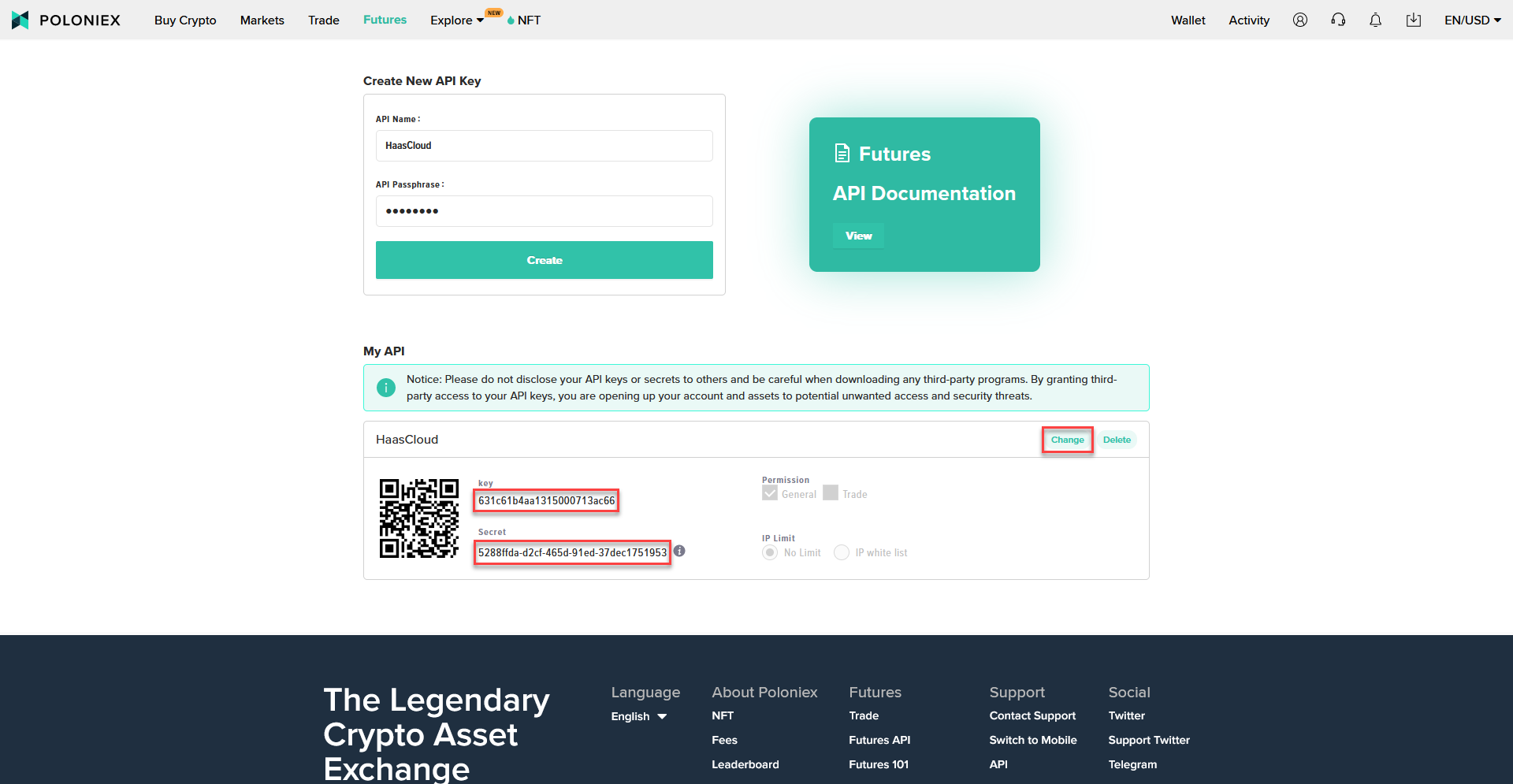 Poloniex platform showing "Create New API Key" dialog with API Name and API Passphrase fields