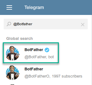 Telegram global search interface showing BotFather profile information and subscriber count.