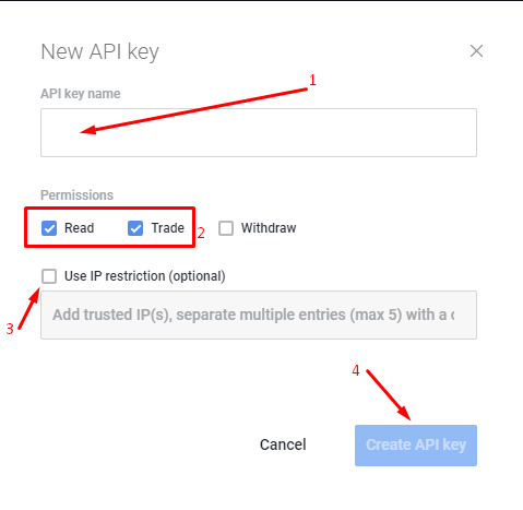 New API key interface with API key name field, Read and Trade permissions checkboxes, and Create API key button.
