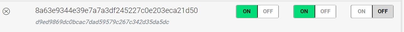Cryptocurrency trading platform HaasOnline documentation interface with ON/OFF toggles and blockchain hash values.