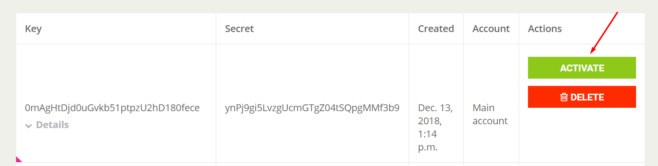 HaasOnline crypto trading platform account details with ACTIVATE and DELETE action buttons.