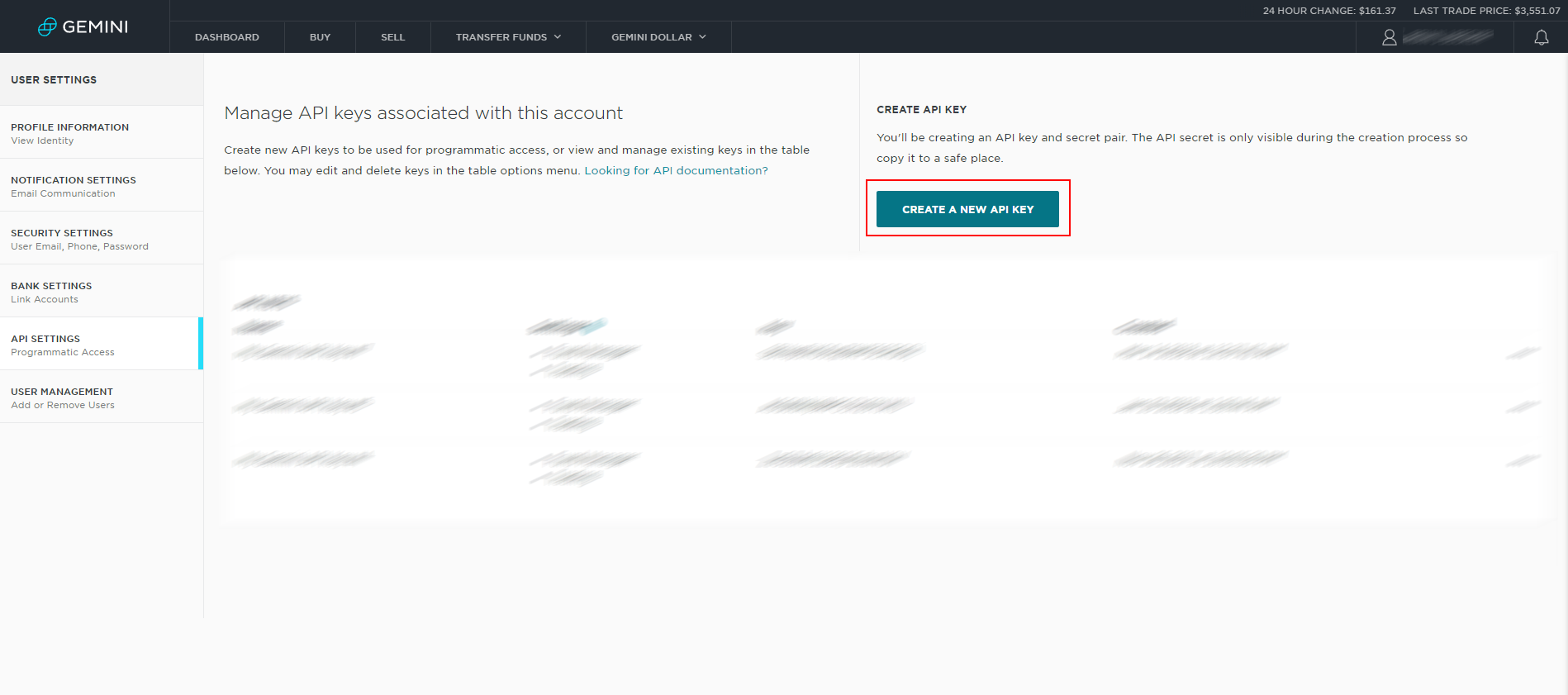 Gemini cryptocurrency platform dashboard with Manage API Keys section and Create a New API Key button.