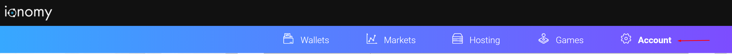 Ionomy cryptocurrency trading platform dashboard showing navigation menu with Wallets, Markets, Hosting, Games, and Account sections.