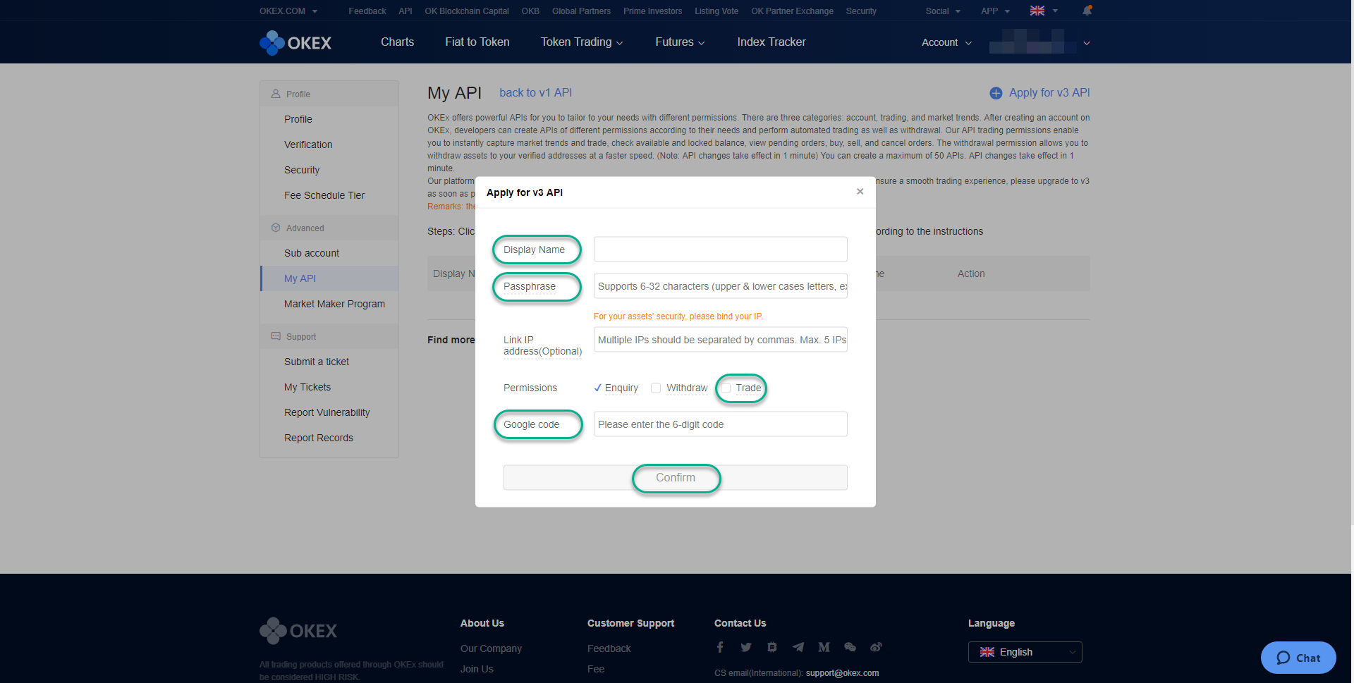 Cryptocurrency trading platform API management dashboard with 'Apply for v3 API' dialog and API key configuration fields.