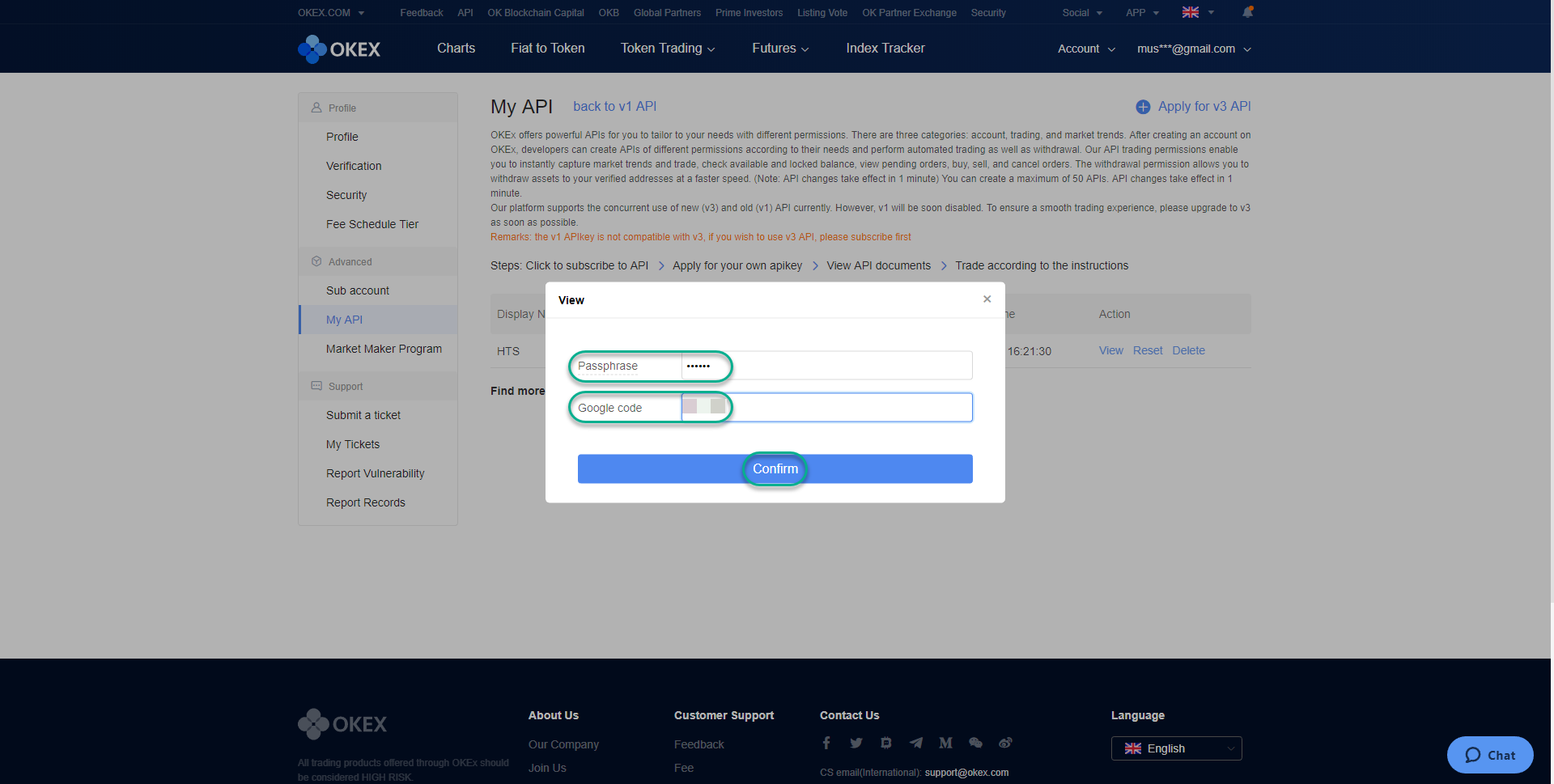 Okex cryptocurrency exchange API management page showing account verification and security settings