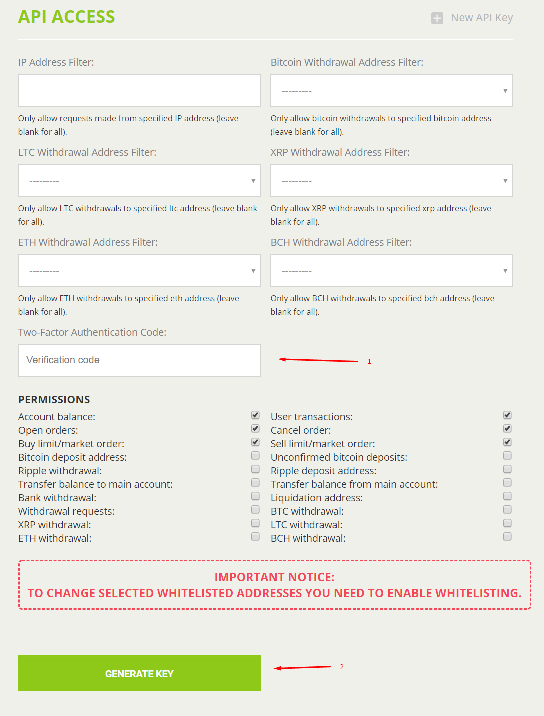 API access dashboard with address filters, withdrawal permissions, and API key generation options.