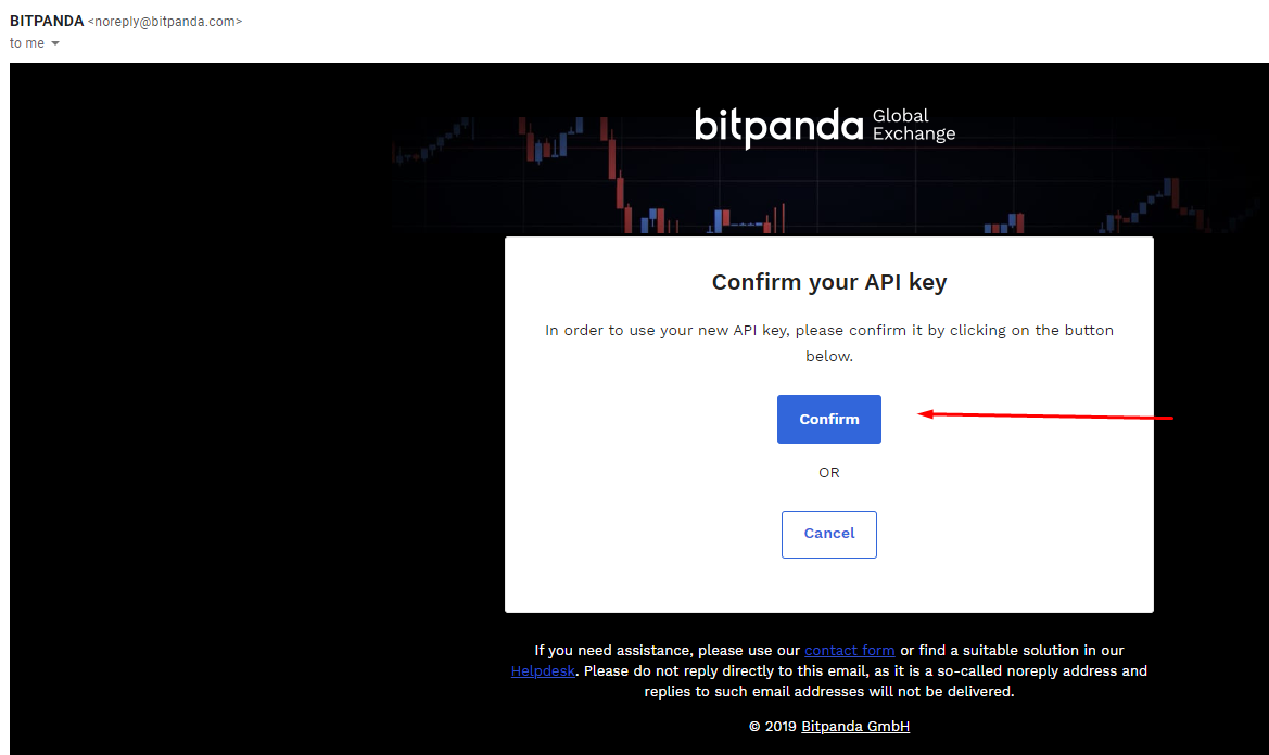 Bitpanda Global Exchange API key confirmation dialog with Confirm and Cancel buttons displayed.