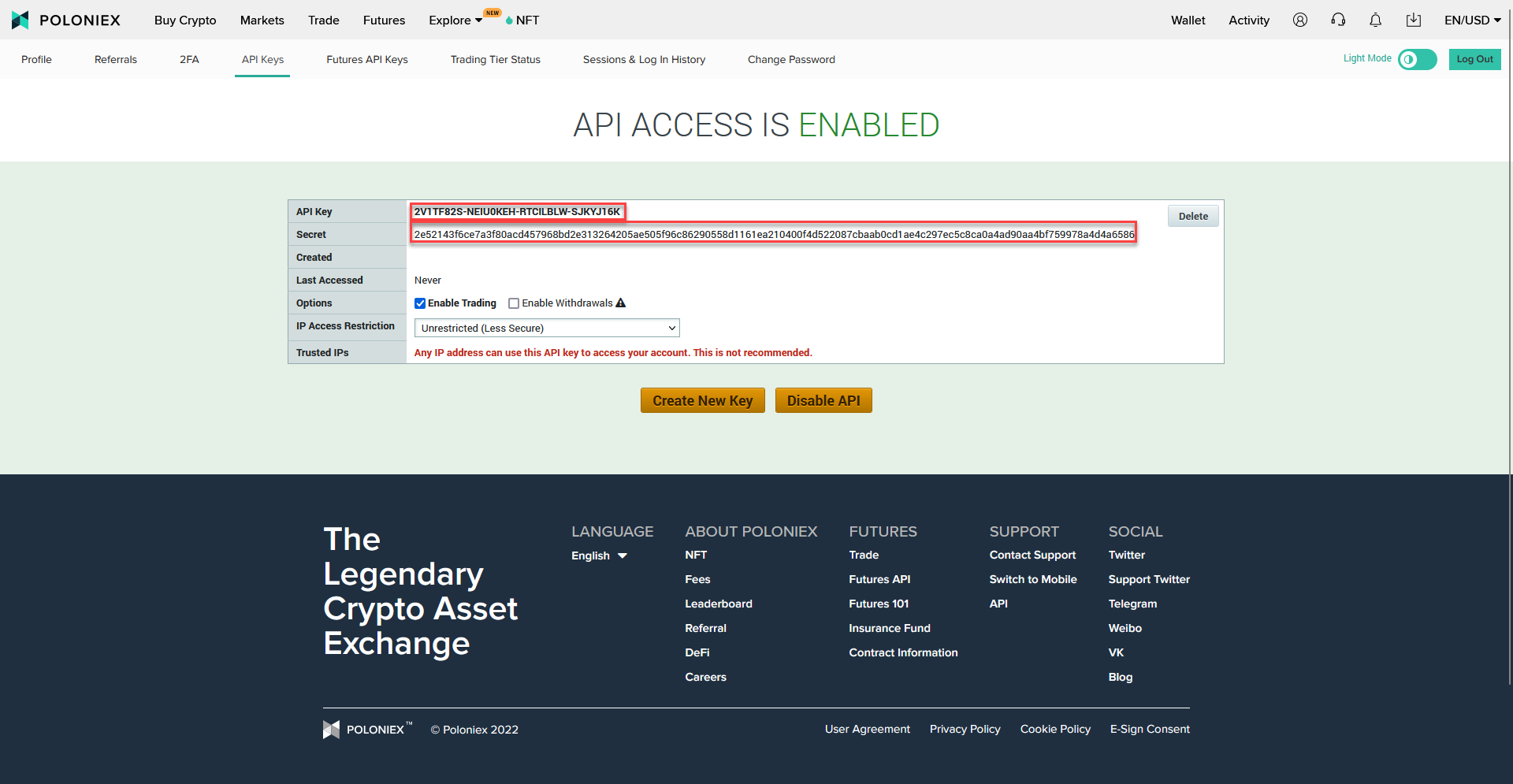 Poloniex API Access dashboard with API Key, Secret, and IP Access Restriction details displayed.