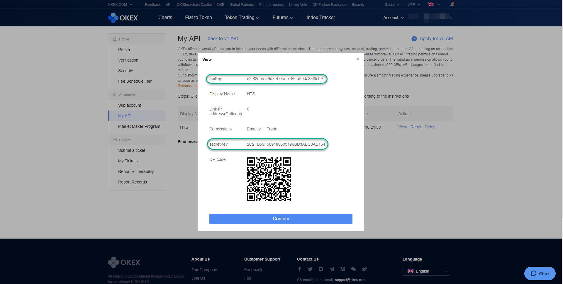 OKEX API management dashboard displaying API key and secret key details