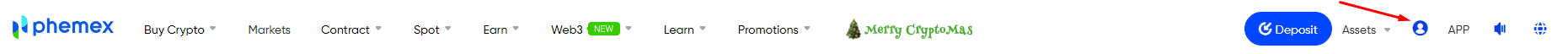 Phemex cryptocurrency trading platform header with menu options including Buy Crypto, Markets, Contract, Spot, Earn, Web3, Learn, Promotions, and Merry CryptoMas.