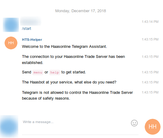Telegram chat interface with HTS-Helper bot, displaying trade server connection status and instructions for getting started.
