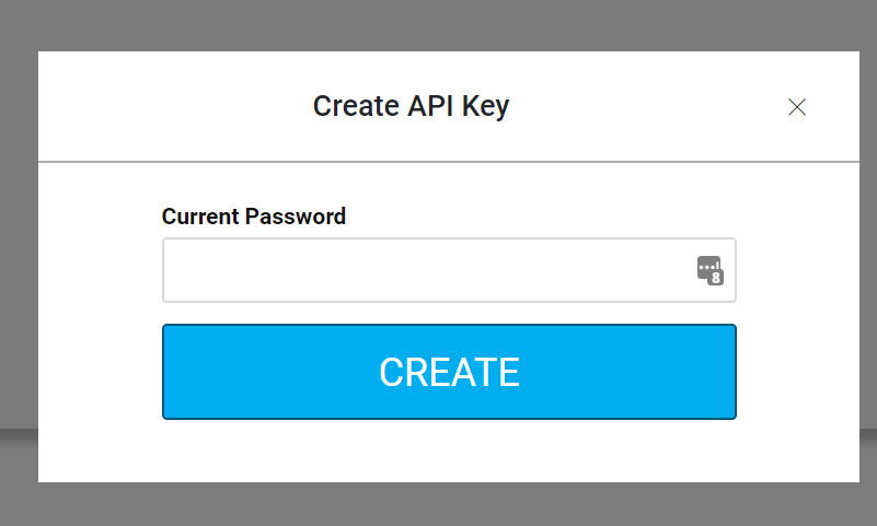 UI dialog for creating an API key on the HaasOnline cryptocurrency trading platform, with a "Current Password" input field and a prominent "CREATE" button.