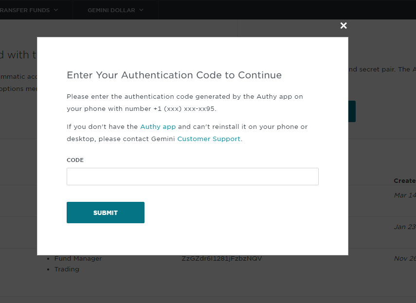 Gemini cryptocurrency platform authentication code prompt requesting code entry to continue.