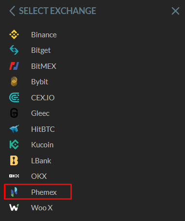 Cryptocurrency exchange selection panel with Phemex exchange option highlighted