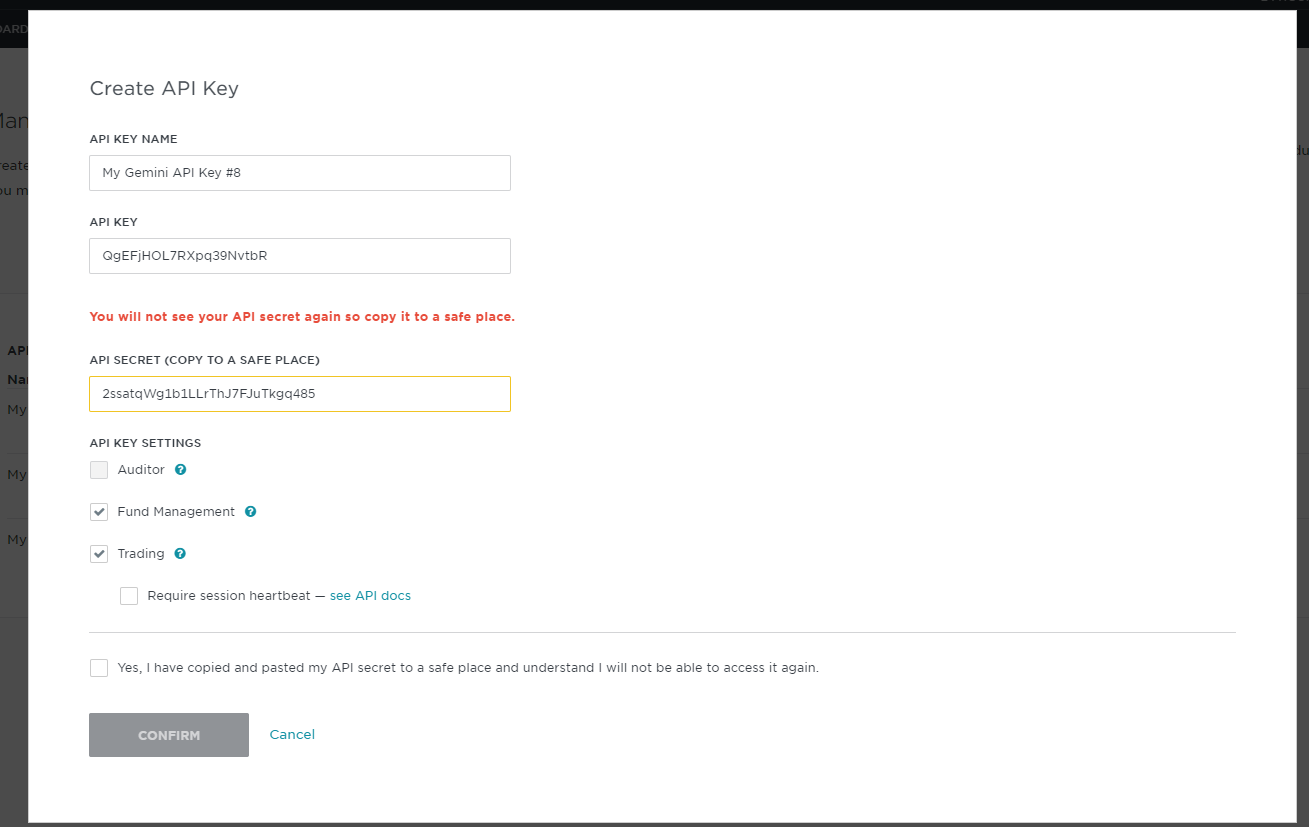 Cryptocurrency trading platform Create API Key dialog with API Key Name, API Key, and API Secret input fields, along with settings checkboxes.