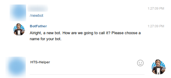 Chat window with BotFather and HTS-Helper avatars discussing naming a new bot.