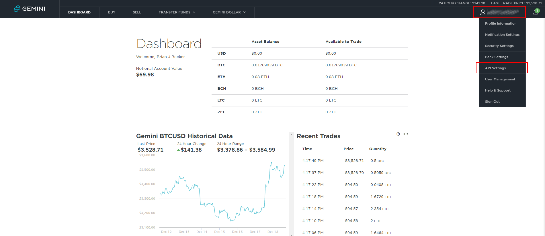 Gemini cryptocurrency exchange dashboard with asset balances, trade history, and recent transactions.