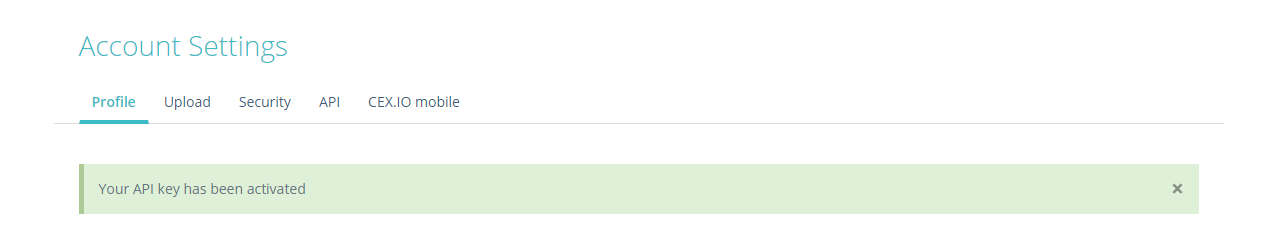 Account settings page showing API key activation notice in HaasOnline trading platform.