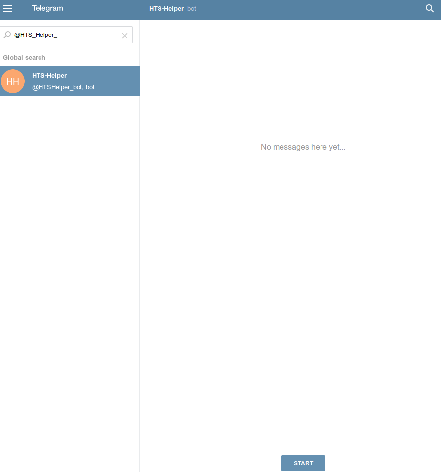 Telegram chat interface with "@HTSHelper_bot" user and "No messages here yet..." message