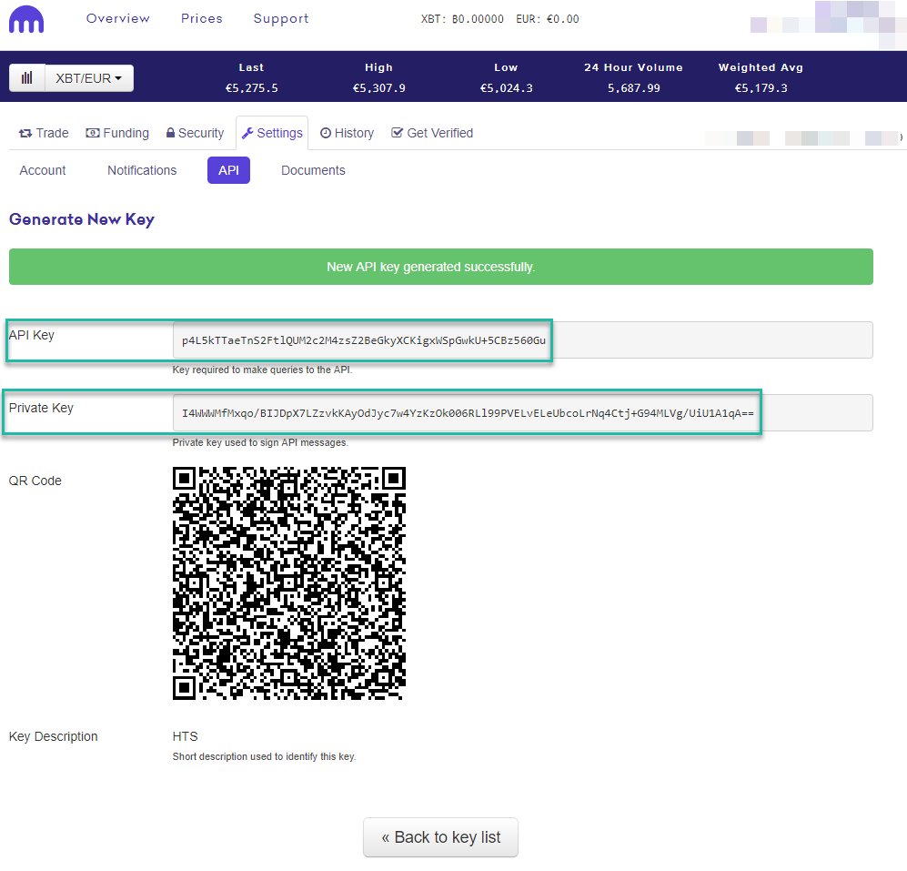 HaasOnline cryptocurrency trading platform API key generation interface with API Key, Private Key, and QR code displayed.