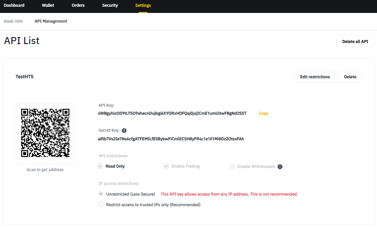 Cryptocurrency trading platform API management dashboard with API Key, restrictions, and IP access settings.
