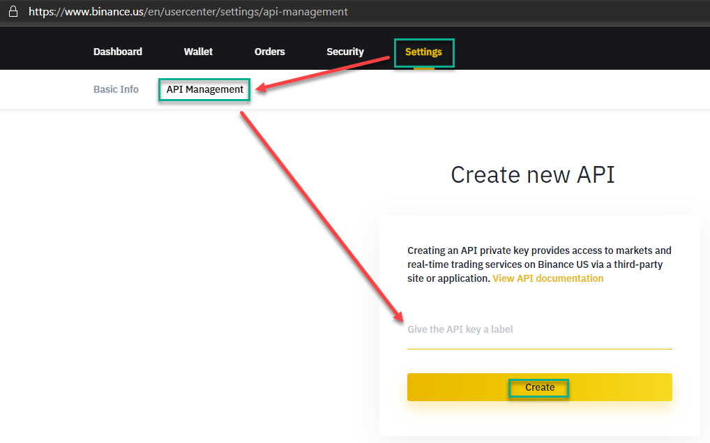 Binance US user account settings page with API Management section and Create new API key functionality
