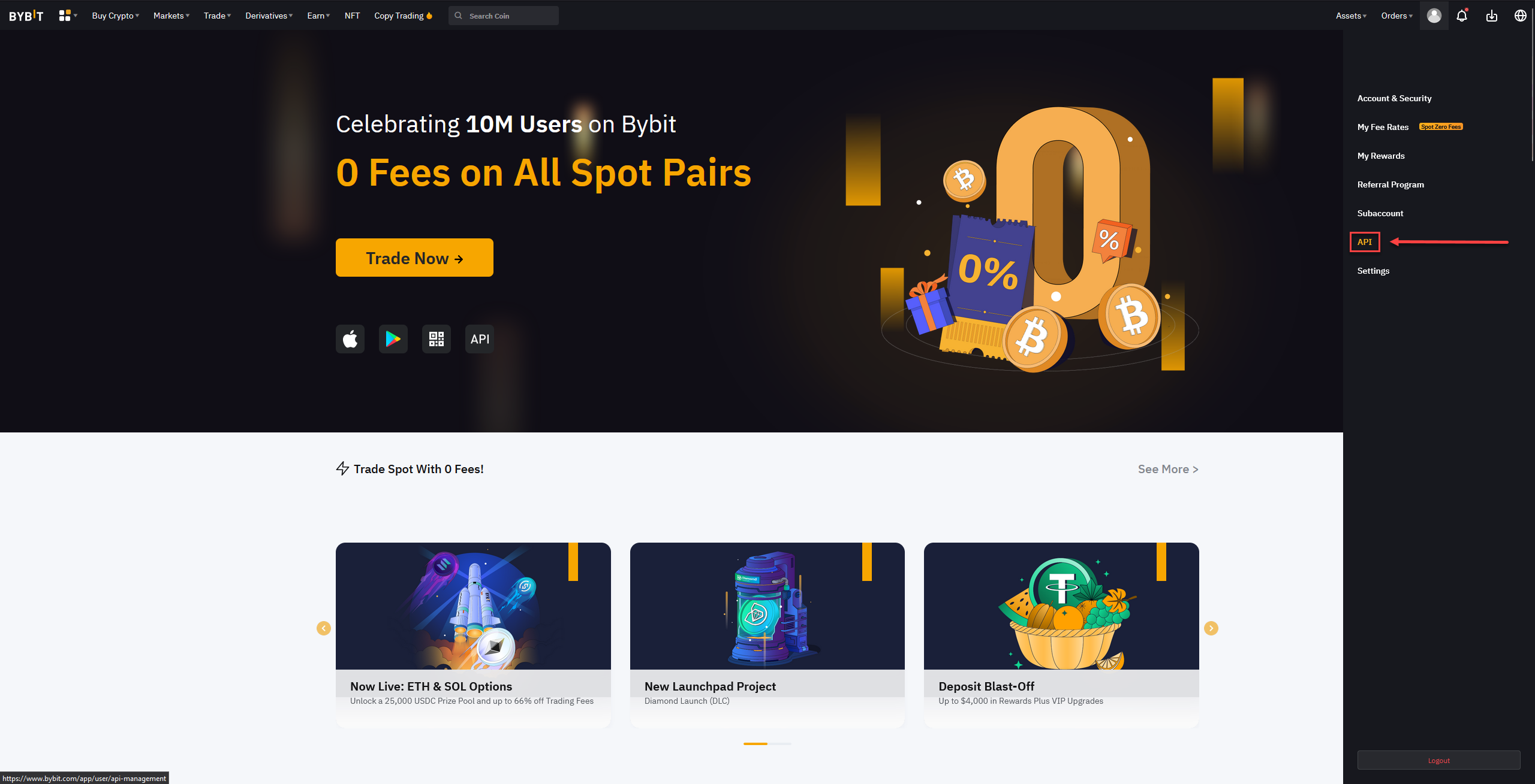 Bybit cryptocurrency exchange homepage celebrating 10M users with 0 fees on all spot trading pairs and various trading options.